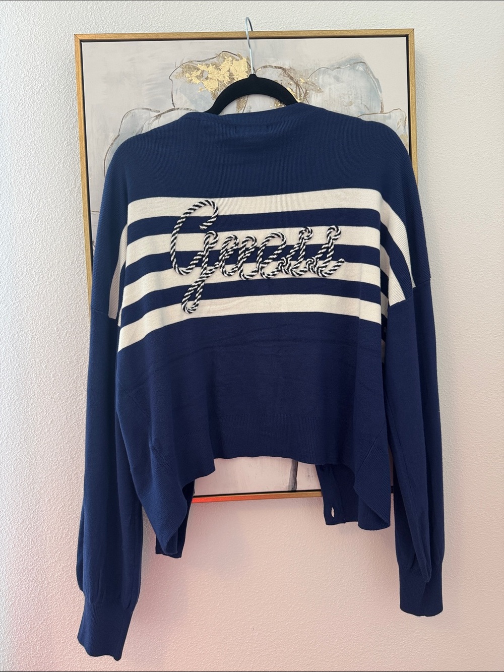 6/14 GUESS Navy and White Striped V-Neck Button Cardigan